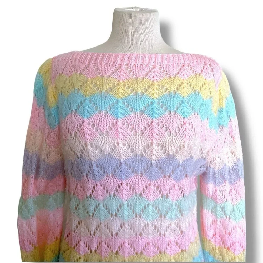 Vintage 1970s Womens Hand Knit Sweater Sz Medium Pointelle Pastel Fairy Kei - Picture 3 of 7